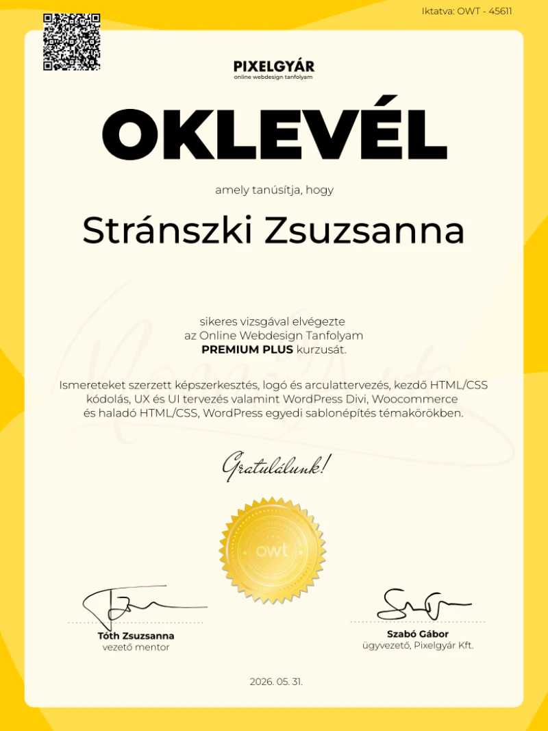 Pixelgyár oklevél – Stránszki Zsuzsanna